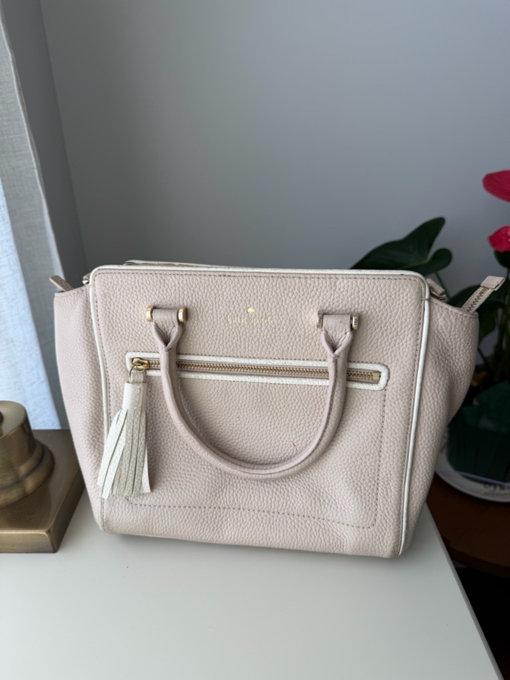 kate spade Pebbled Light Beige Satchel with Tassel